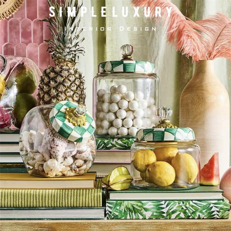 【简单的奢华】美国正品MC 翡翠绿格 手绘玻璃 密封储物罐收纳罐