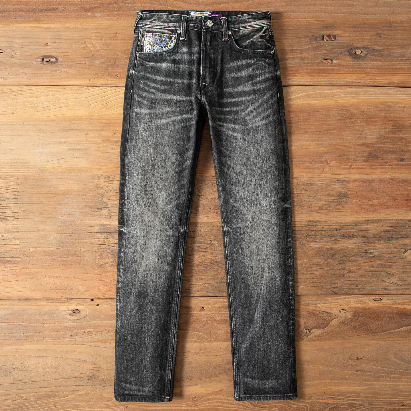 M12秋冬18盎司男士赤耳丹宁牛仔裤刺绣硫化黑水洗501直筒裤国潮风