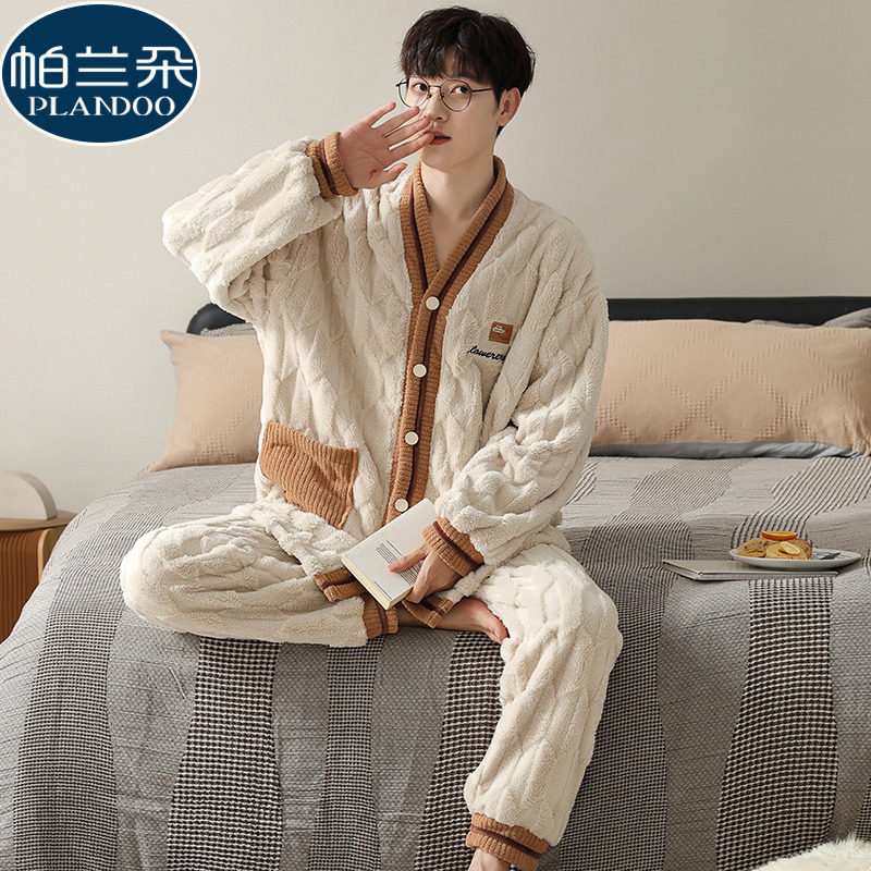 法兰绒睡衣男冬季加厚加绒保暖珊瑚绒家居服开衫休闲大码学生套装