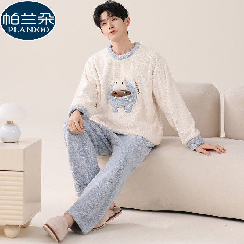 雪花绒睡衣男款冬季珊瑚绒保暖加厚加绒冬天卡通休闲家居服可外穿