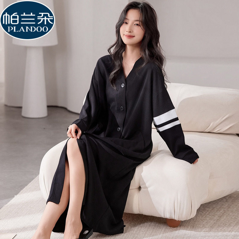 100%纯棉长款睡裙女士春秋季长袖开衫秋冬大码浴袍睡衣睡袍家居服