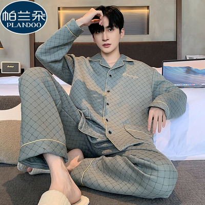 男士睡衣秋冬款加厚纯棉长袖空气棉夹层加大码开衫家居服套装冬季