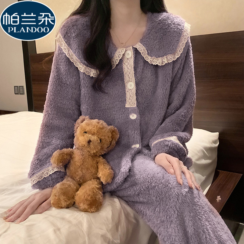 秋冬季睡衣女可外穿冬天2025新款珊瑚绒加厚法兰绒甜美套装家居服