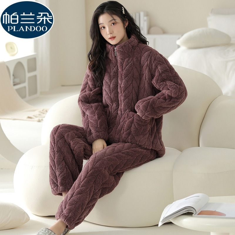 2025新款秋冬季睡衣女士珊瑚绒夹棉三层加绒加厚可外穿家居服套装