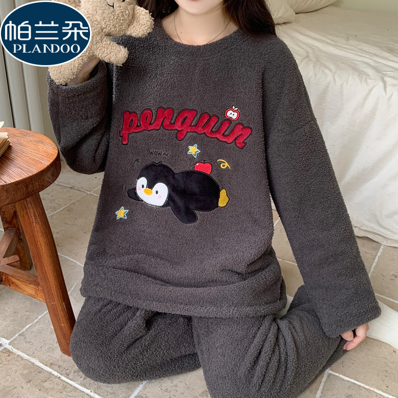 加绒加厚半边绒睡衣女款秋冬季珊瑚绒2025新款时尚卡通企鹅家居服