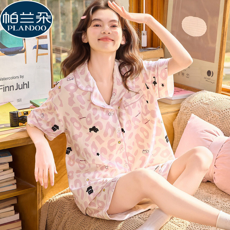 2026新款夏季100%纯棉睡衣女卡通甜美少女开衫短袖短裤家居服套装