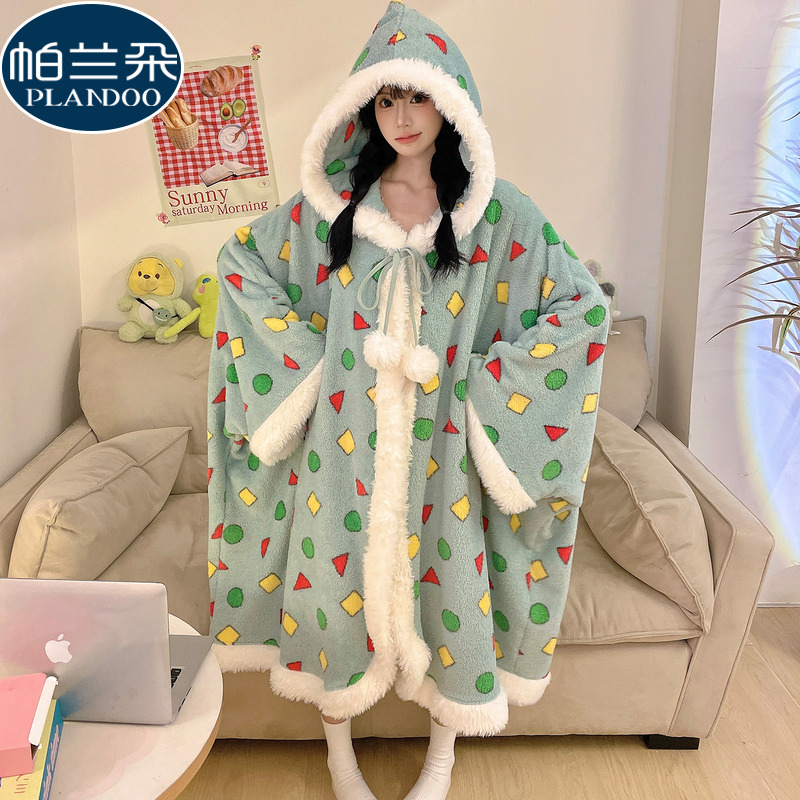 半边绒加厚珊瑚绒秋冬季斗篷睡袍