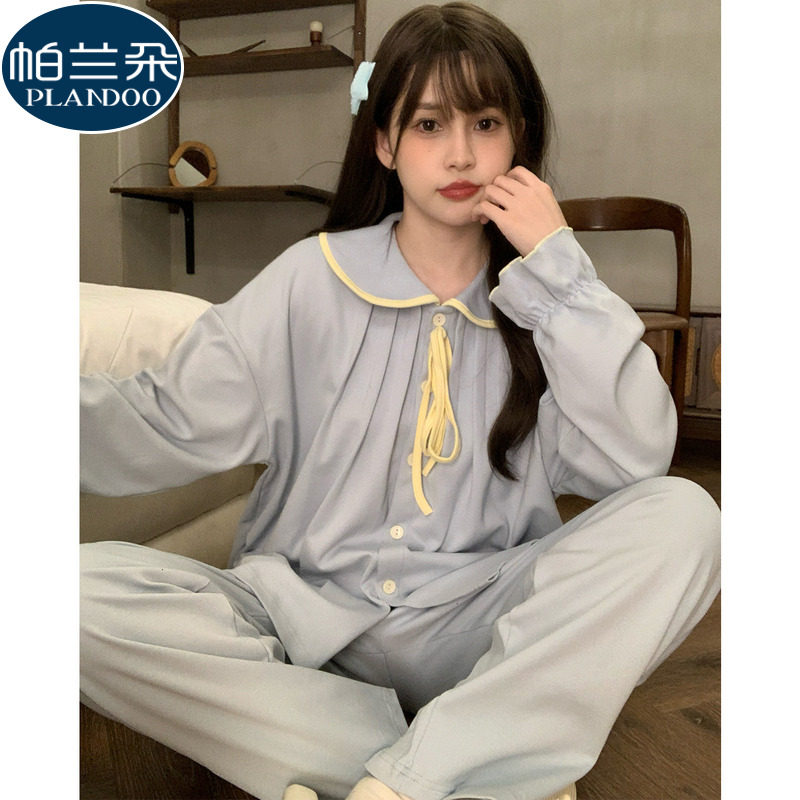 秋季甜美蓝色娃娃领仿棉睡衣女春秋款长袖2026新款大码家居服套装,女士内衣/男士内衣/家居服,睡衣/家居服套装,淘宝优惠券,粉丝福利购,淘宝优惠卷