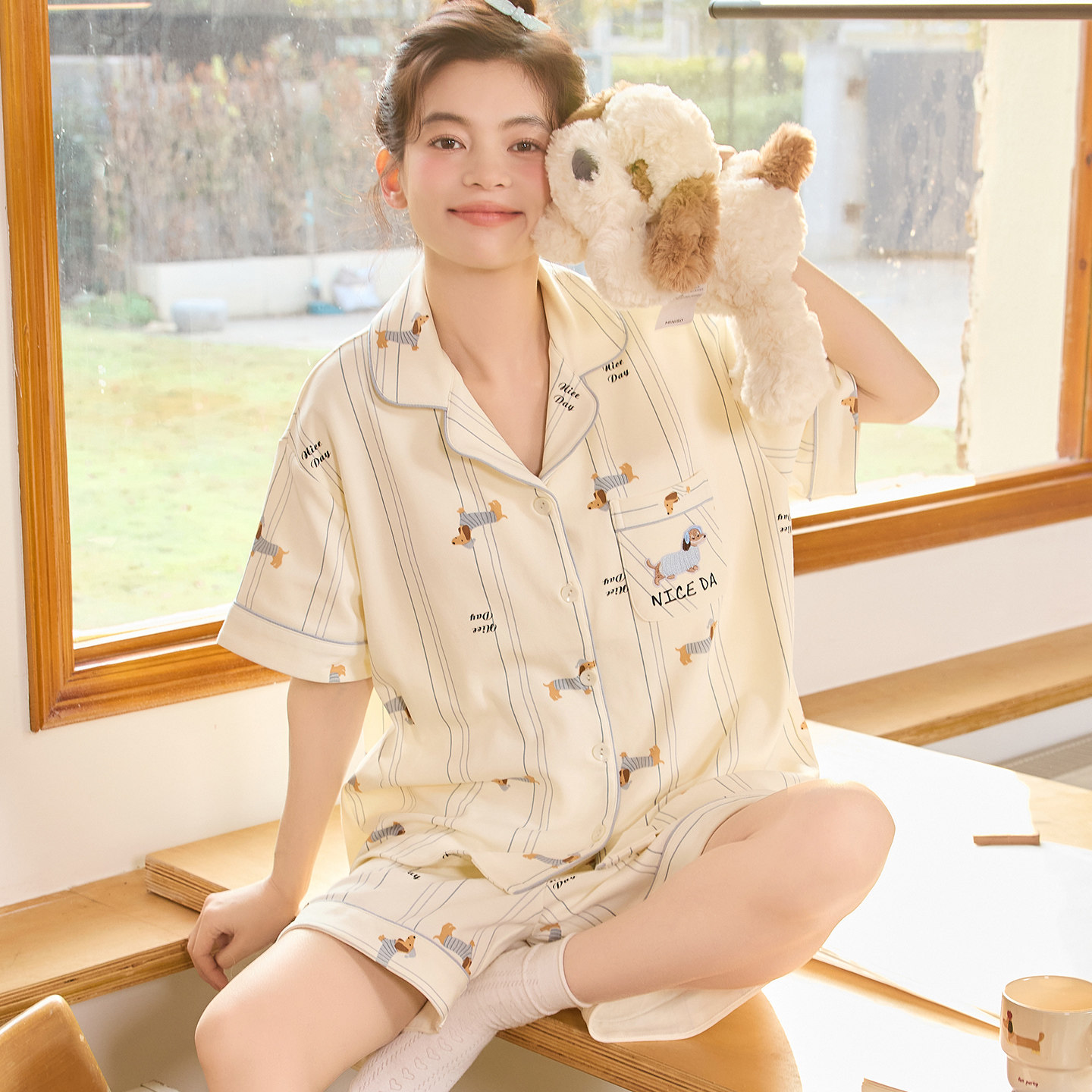 夏季睡衣女款100%纯棉开衫翻领短袖短裤卡通可爱腊肠狗家居服套装图片
