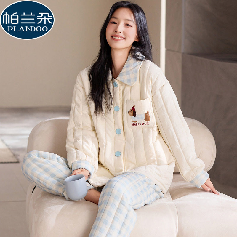 三层夹棉袄睡衣女款冬季加绒加厚