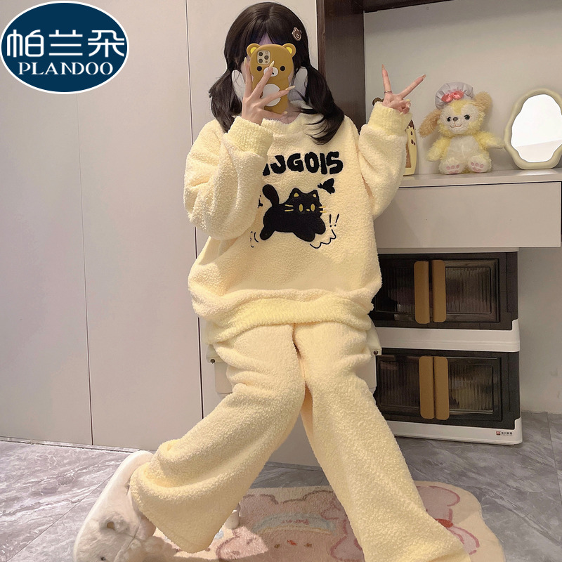 睡衣女2025新款冬季半边绒加厚珊瑚绒长袖圆领韩版家居服秋冬套装