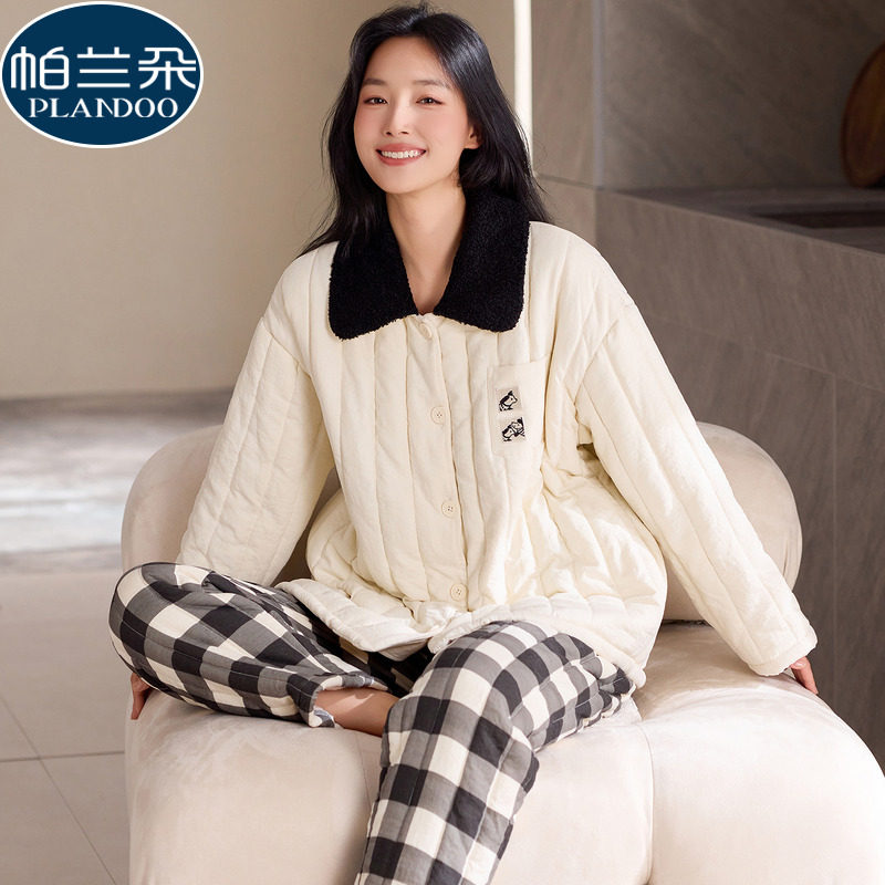 珊瑚绒三层夹棉袄睡衣女款冬季加厚2025新款可外穿韩版格子家居服