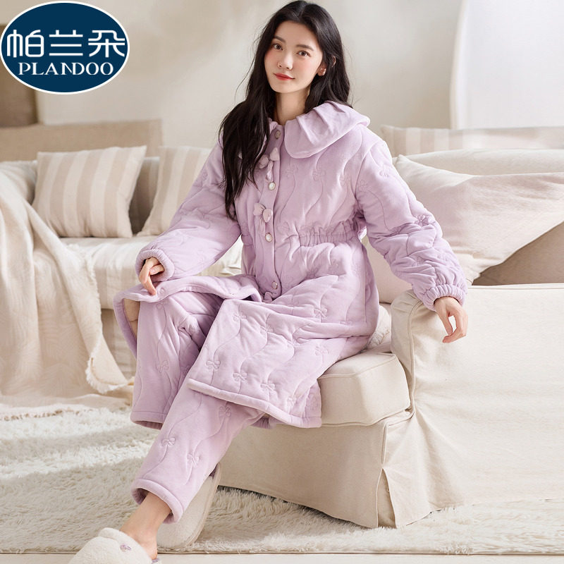 冬季海岛绒三层夹棉袄睡衣睡袍