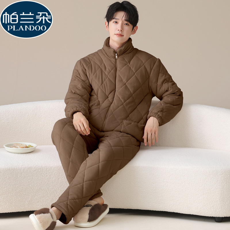 冬天加厚珊瑚绒睡衣男士冬季三层夹棉袄2025新款休闲风家居服套装