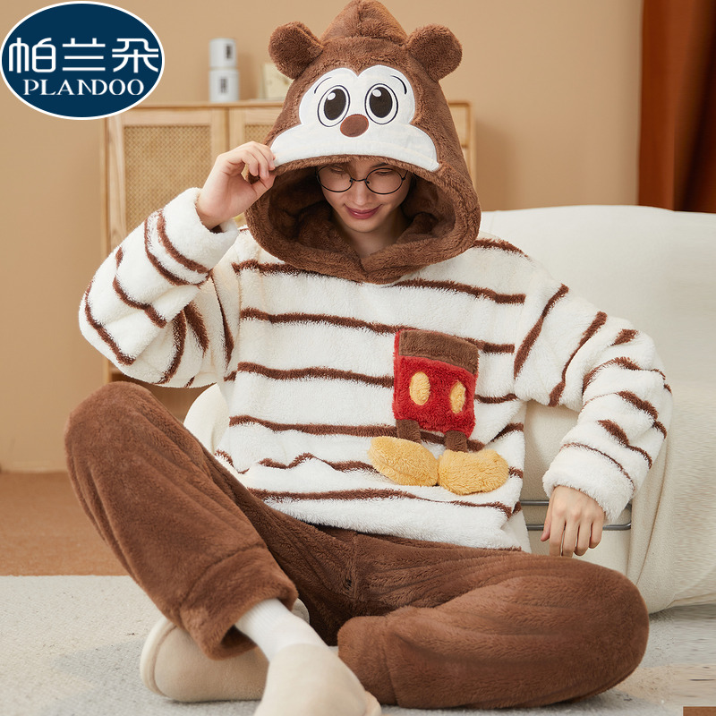 青少年睡衣男初中学生秋冬季珊瑚绒加厚保暖法兰绒卡通套装家居服