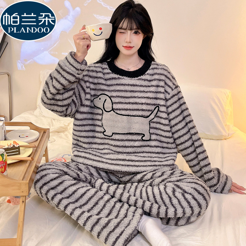 秋冬季半边绒睡衣女款加绒加厚卡通条纹珊瑚绒2025新款家居服套装