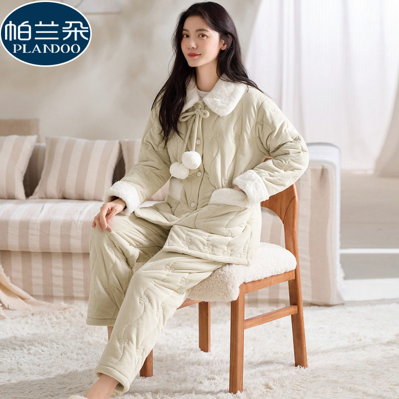 2025新款珊瑚绒睡衣女款冬季海岛绒三层夹棉袄加厚可爱家居服套装