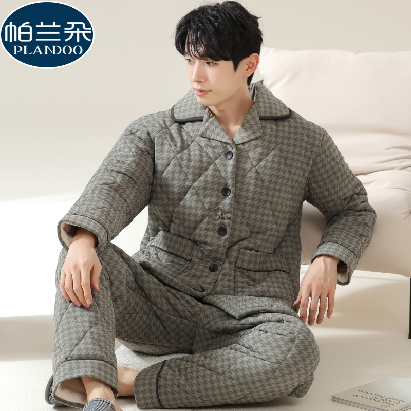 棉睡衣男士冬季纯棉三层夹棉加绒