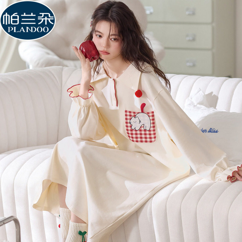 100%纯棉睡裙女款2026新款春秋季长袖卡通公主风中长款连衣裙睡衣 - 帕兰朵品牌睡衣企业店出品
