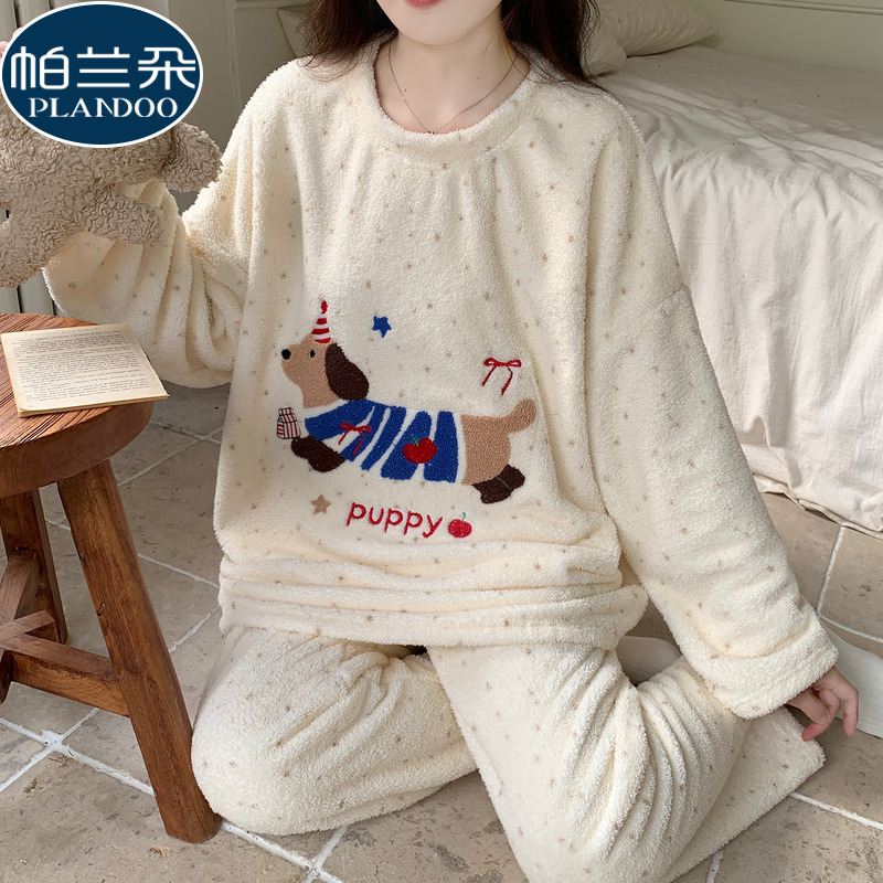 冬天珊瑚绒睡衣女款2025新款冬款加厚半边绒波点卡通腊肠狗家居服