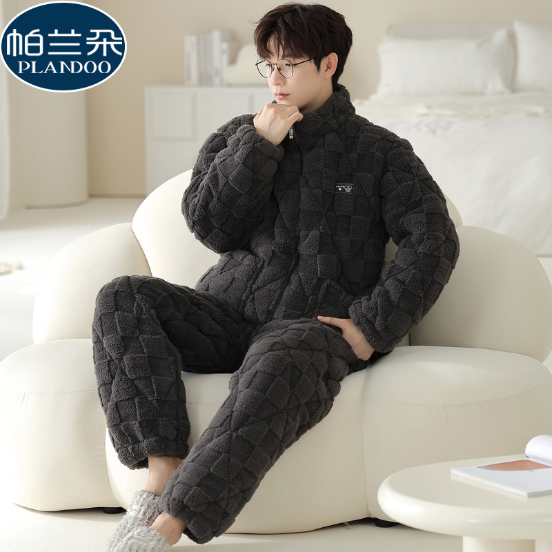 男士冬季加厚加绒夹棉珊瑚绒睡衣