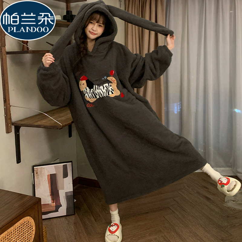 2025新款珊瑚绒冬睡裙女款半边绒