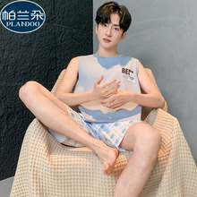 睡衣男款夏季纯棉无袖背心短裤薄款卡通男生大码青少年圆领家居服
