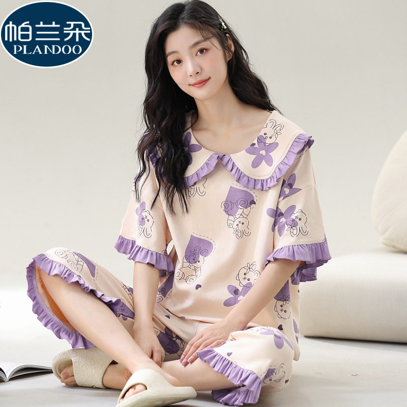 娃娃领睡衣夏天少女款短袖纯棉七分裤薄款可爱特大码200斤家居服