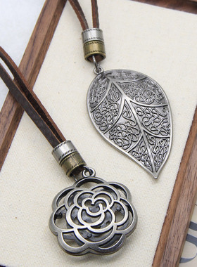 买二送一 复古文艺日系牛皮绳真皮项链可调节毛衣链男女配饰