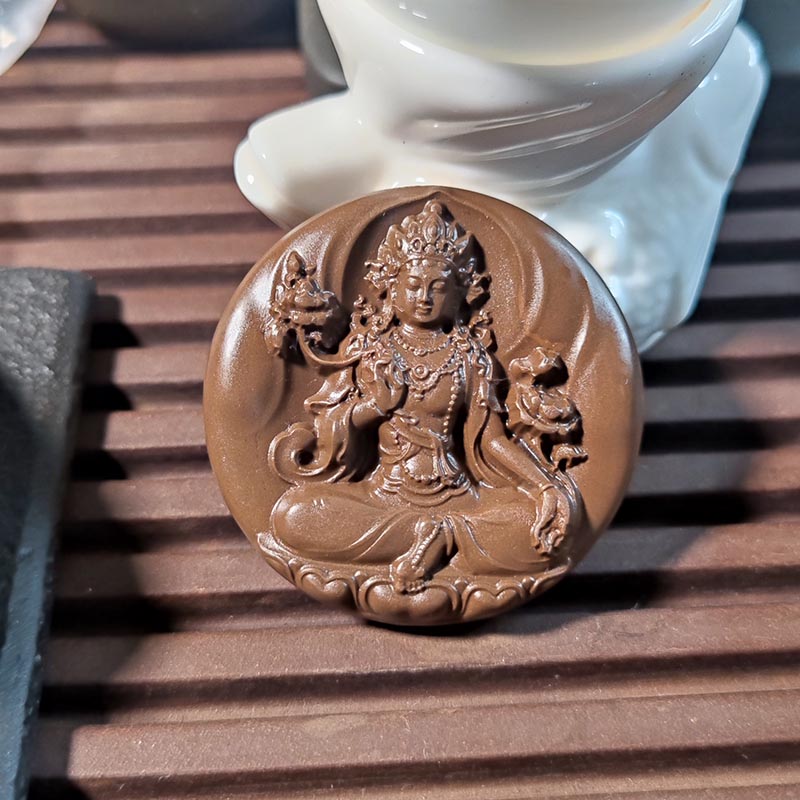 新疆乌尔禾天然金丝玉沙漠漆籽料度母龙圆牌吊坠玉石挂件