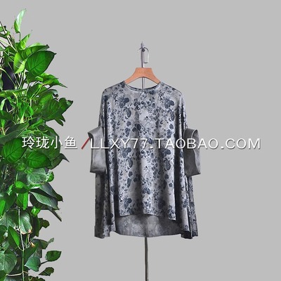 小众设计轻奢美真丝印花拼接欧根纱斗篷式落肩款圆领短袖蚕丝上衣