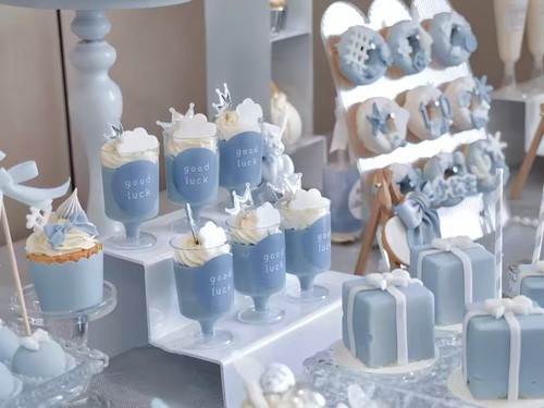 蓝色系宝宝甜品台插件 简约高级风生日派对布置