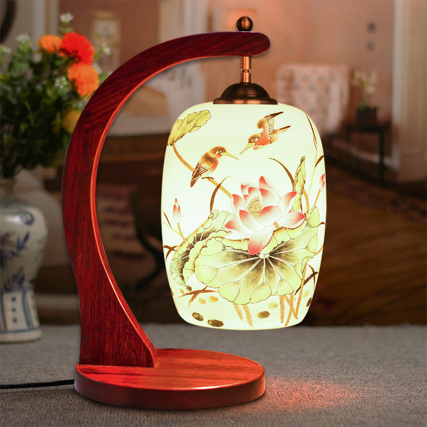 景德镇陶瓷台灯具简约现代婚庆装饰卧室床头灯书房柜红花梨台灯