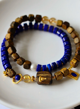 小方糖天然青金石沉香手链女款原创设计双圈手串招财转运珠送礼物