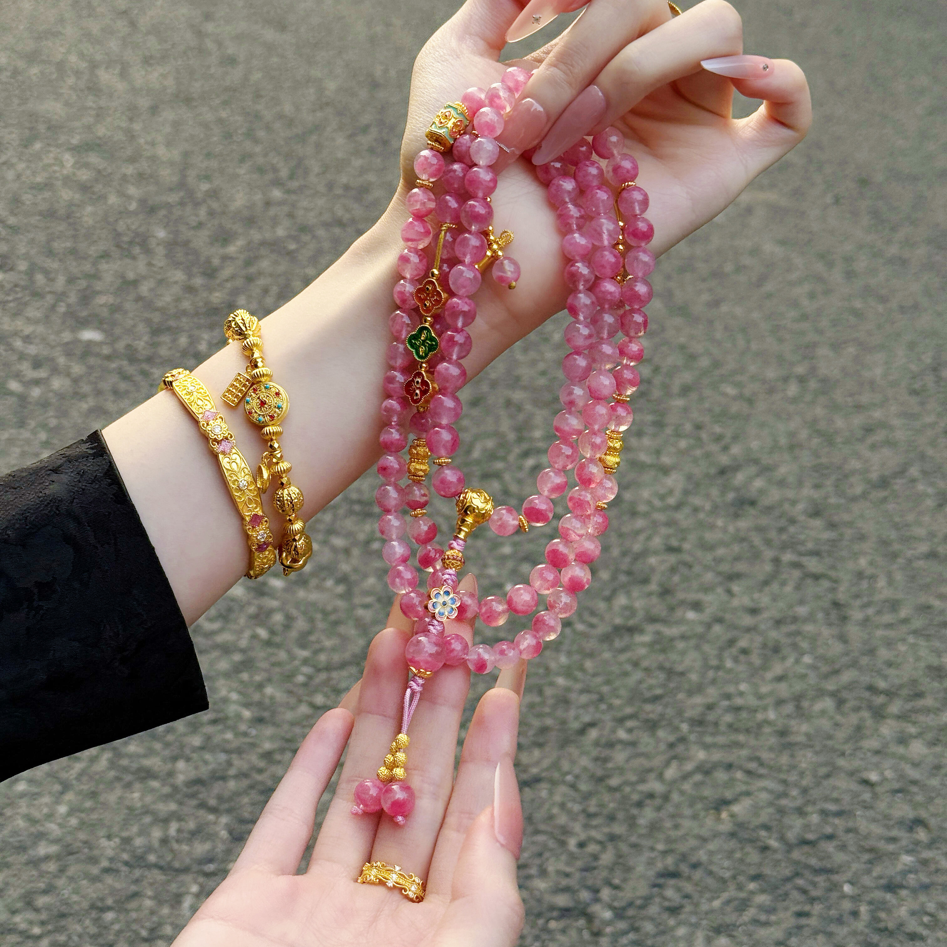 天然樱花雨蔷薇辉多圈手链女款银镀金手串饰品送女友闺蜜生日礼物