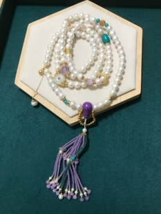 天然淡水珍珠银镶和田玉毛衣链紫云母紫水晶多圈手串手工流苏女款