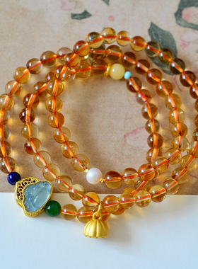 天然黄水晶三圈手链女款翡翠弥勒佛原创设计高级感招财转运珠正品