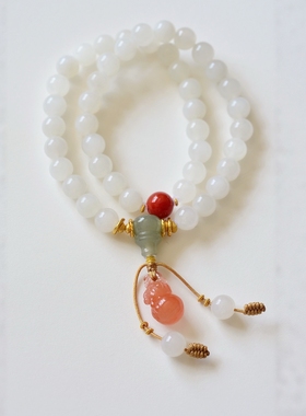 新疆天然和田玉羊脂白玉双圈手链女款时尚复古碧玉手串原创设计