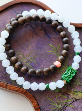 天然绿奇楠沉香和田白玉手链女款高级感招财翡翠A货转运珠正品
