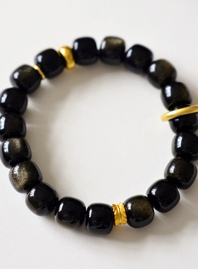 原创天然黑曜石金曜石手串男女款925银单圈手链幸运手饰生日礼物