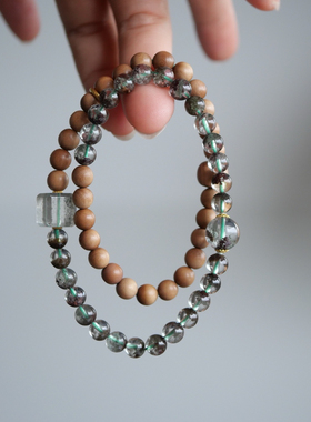五行木 | 天然巴西绿幽灵满天星聚宝盆水晶手链老山檀双圈手串女