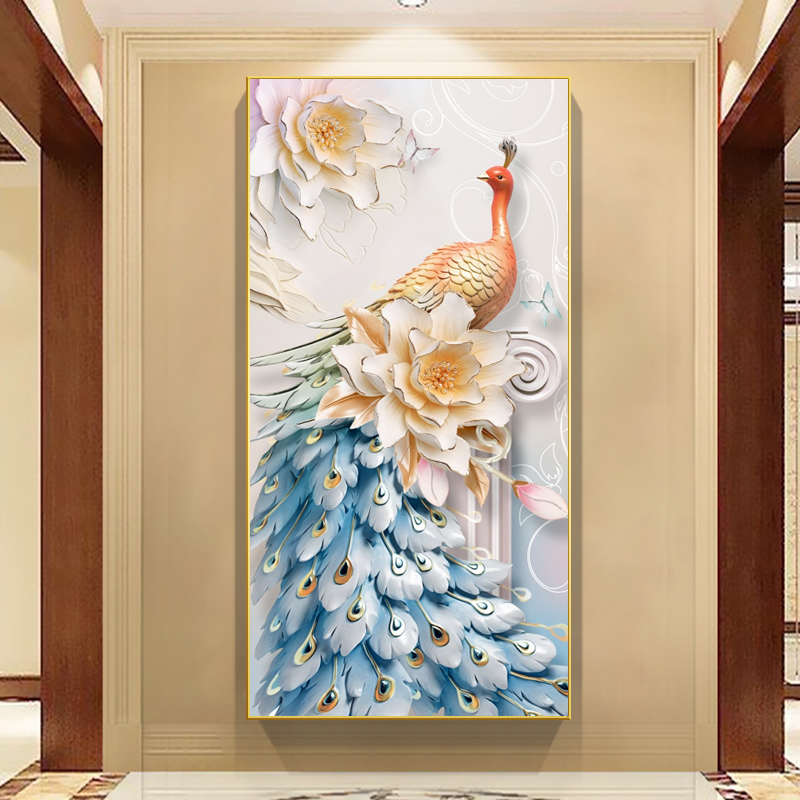 孔雀入门玄关装饰画走廊过道背景墙尽头壁画客厅竖版招财晶瓷挂画图片