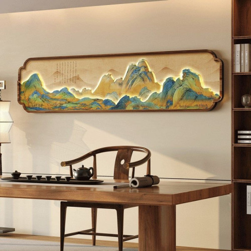 千里江山图茶室背景墙