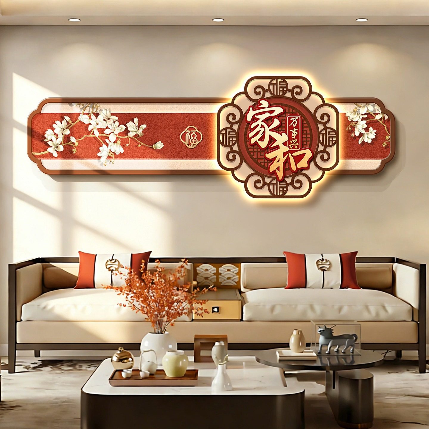新中式客厅挂画寓意好新年装饰壁画新款发光灯画沙发背景墙装饰画,家居饰品,现代装饰画,淘宝优惠券,粉丝福利购,淘宝优惠卷