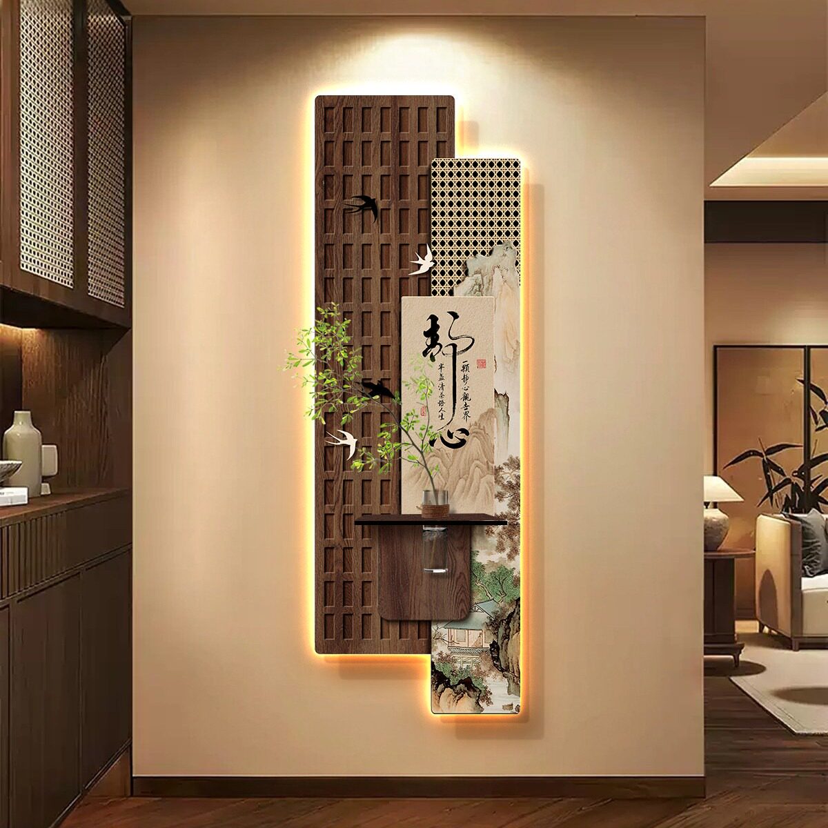 宋代美学玄关装饰画禅意山水带灯挂画客厅走廊过道茶室静心墙壁画