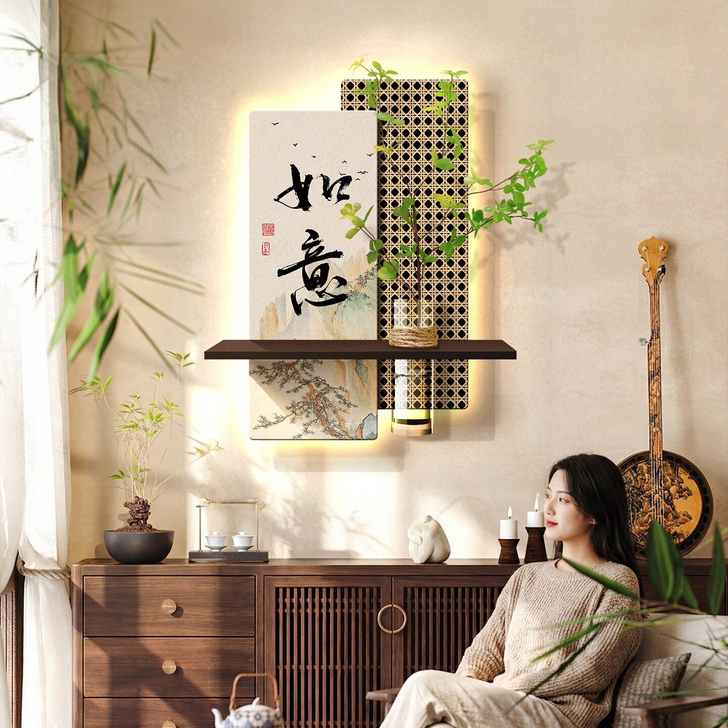 如意客厅装饰画新中式水培绿植LED灯画新款高级感禅意电视墙挂画