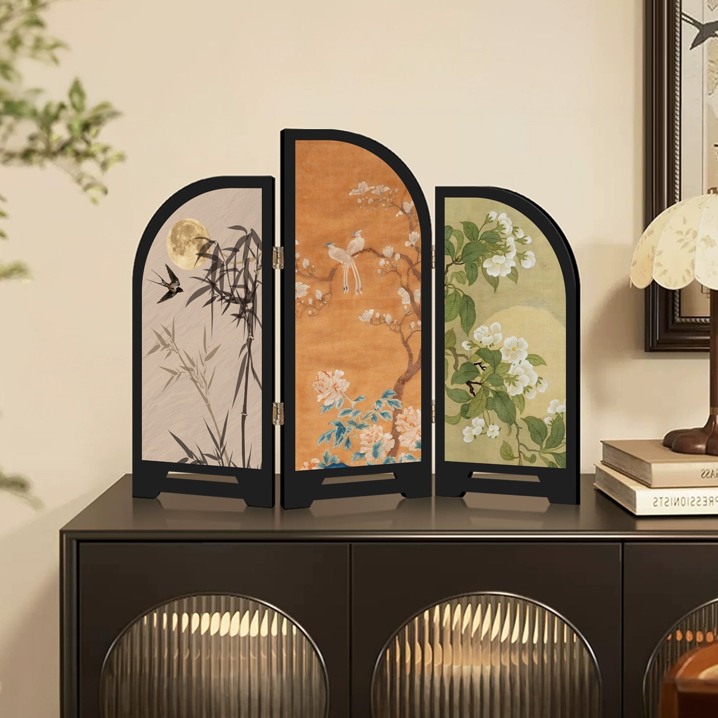 中古风墨竹花鸟小屏风客厅桌面摆件装饰品复古艺术玄关电视柜摆画图片