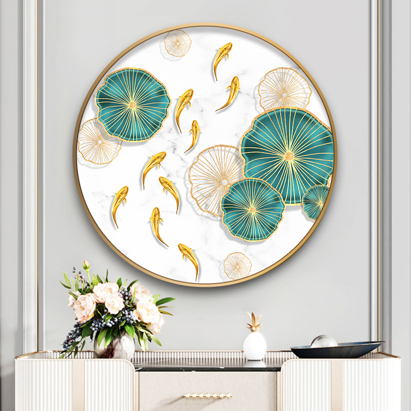 现代轻奢九鱼图玄关装饰画客餐厅背景墙挂画入户进门走廊圆形壁画图片