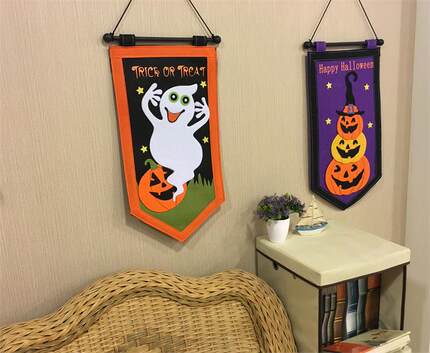 外贸原单 Halloween/万圣节挂旗 节日装饰墙挂 南瓜脸布艺三角旗