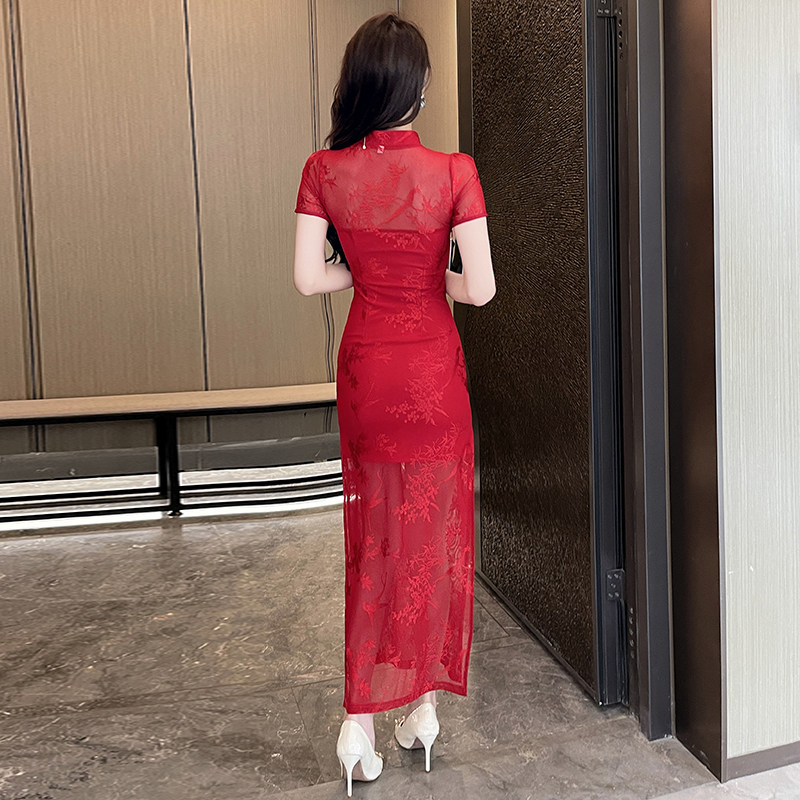 性感V领红色蕾丝连衣裙女修身显瘦短袖气质裙工作旗袍春夏秋冬